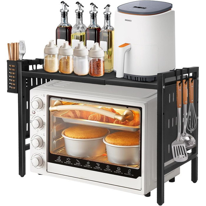 Поличка для мікрохвильової печі 3-рівнева, органайзер з гачками, розширювана, висувна (40-64см), з вуглецевої сталі (чорна, з перфорованим листком, 42-68*36*46см)