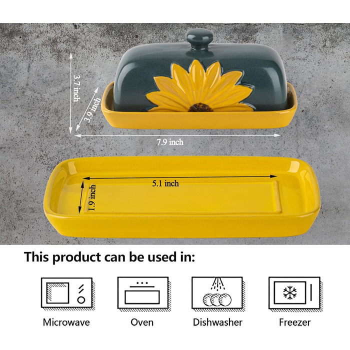 Farmhouse Ceramic Butter Dish with Lid, Large Sunflower Butter Dish