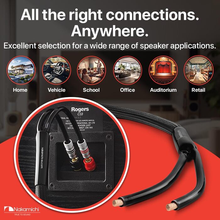 Акустичний кабель Nakamichi 12AWG з банановими роз'ємами 24K золото, 3м, безкиснева мідь (OFC), в обплетенні, для домашнього кінотеатру та підсилювача — Чорний