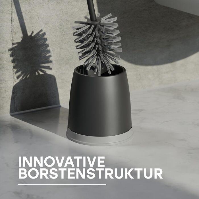 Набір для туалету SAVEGA: щітка для унітазу з інноваційною структурою щетинок та зручним тримачем. Сучасний дизайн, матовий чорний/сірий колір.