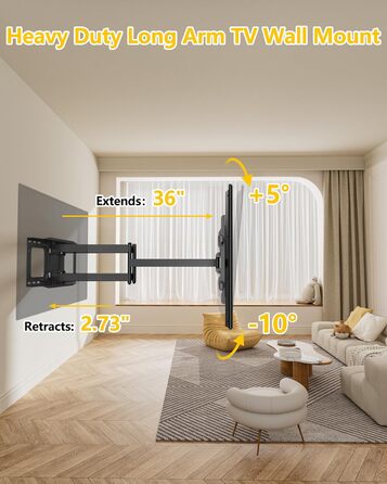 Настінне кріплення для телевізора HY-Bracket поворотне, для LED, OLED, 4K, 37-80 дюймів, чорне, з подовженим кронштейном (для дерев'яних стін)