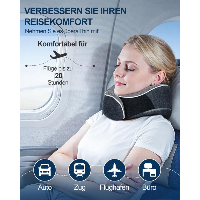 Подушка для шиї в літак, доросла, з піною з пам'яті, регульована та компактна, для автомобіля з навушниками, маскою для сну, чохлом