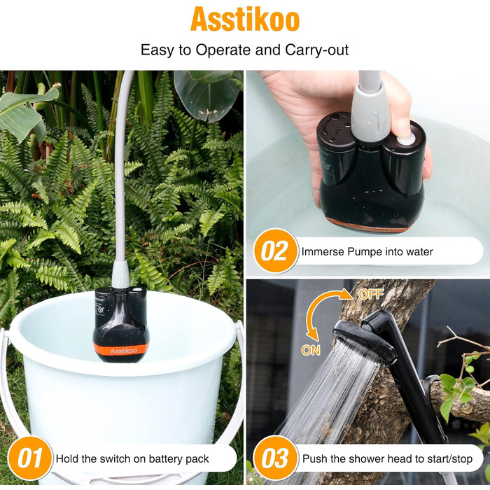 Asstikoo Portable Camping Shower, Camping Shower with Rechargeable Battery, Compact Rechargeable Electric Pump Shower Head for Camping, Pet Cleaning, Beach Washing, Hiking and Travel