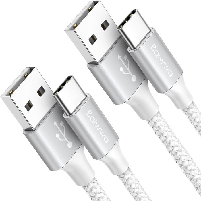 Кабель USB-A на USB-C, білий, 2 шт., 1 м, швидка зарядка 3.1A для iPhone 15/16/17 Pro Max, Samsung Galaxy S24/S23/S22/S21, A55/A54/A35/A25/A16