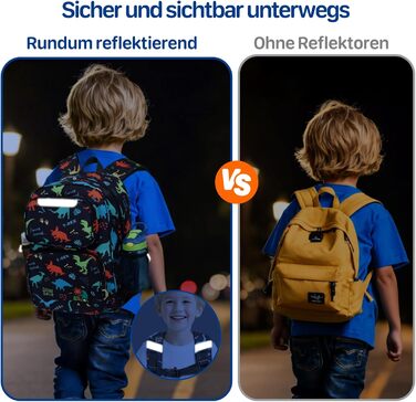 Дитячий рюкзак Bagseri для дівчаток 15L, легкий рюкзак для школи, дитячий сад та 1-2 класи, з нагрудним ременем та ізотермічним відділенням, формат DIN A4, з світловідбиваючими елементами (чорний динозавр)