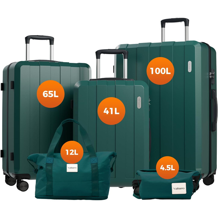 Набір валіз, багажний набір, ролер, валіза на колесах 5шт, ABS пластик, TSA замок, містить 1 сумочку та 1 косметичку, 4 колеса, телескопічна ручка з алюмінію (рожеве золото) (темно-зелений)