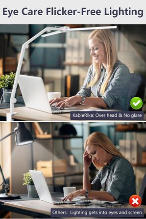 KableRika LED Desk Lamp - Dimmable 24W 80cm Dual-Head Desk Lamp with Clamp, 1200lm Eye Protection, Adjustable Gooseneck, Monitor Light, Daylight Lamp, Auto-Dimming (White)