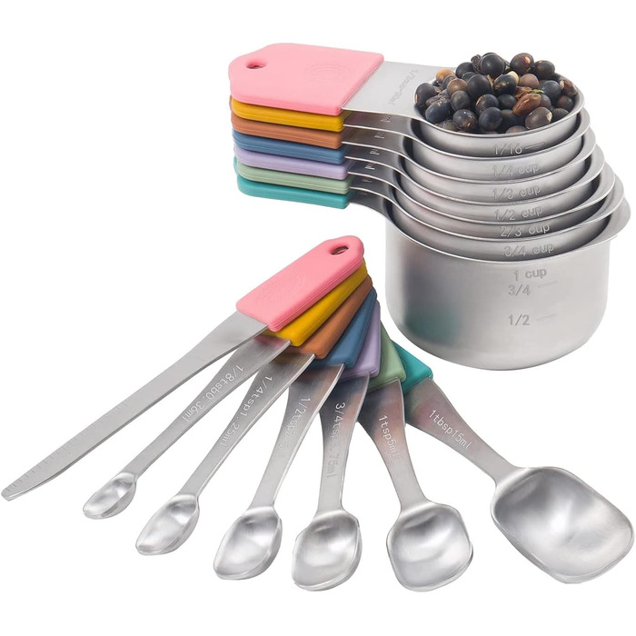 Tassety Measuring Cup and Spoon Set, 14-piece, including 13 stainless steel measuring spoons and cups, and 1 leveling tool, for cooking and baking