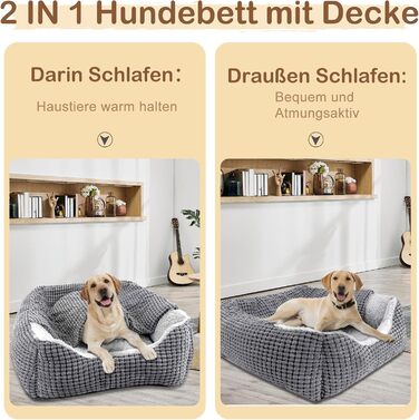 Dog Bed for Medium-Sized Dogs, Dog Basket with Removable Blanket, Corduroy Dog Beds Fluffy Washable, Non-Slip Dog Basket, Dog Sofa with High Edge Fits up to 18kg Pets (76x61x23cm)