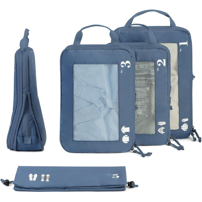 Органайзер для валізи ECOHUB 5шт. Набір кубиків-компресорів для подорожей (темно-зелений, небесно-блакитний)