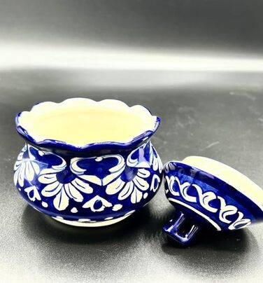 Blue Pottery Sugar Bowl – Hand-formed and painted, ceramic, handcrafted, floral pattern, 6 cm