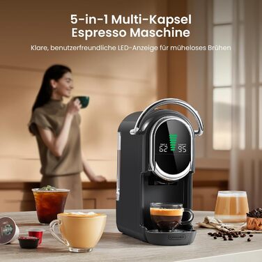 Кавомашина капсульна Magician1 Mini Kapselmaschine 5in1 для Nespresso, Dolce Gusto, Lavazza A Modo Mio, ESE 44, кавової гущі | 20 бар, 1450 Вт, LED-дисплей, 7 рівнів води | для дому та офісу (Сірий)