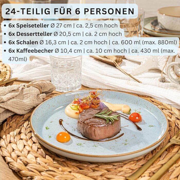 Набір посуду SÄNGER Rio, 24 елементи, керамічний посуд для 6 осіб (6 тарілок, 6 тарілок для сніданку, 6 глибоких тарілок, 6 мисок для пасти), блакитний колір, VALUE COLLECTION (Lagune)