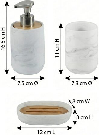 Набір для ванної кімнати 4 предмети з піддоном - мильничка, дозатор для мила (цинковий сплав), стакан для зубних щіток, поличка - мармуровий дизайн, бамбук - сучасний органайзер (Набір 3 Marble)