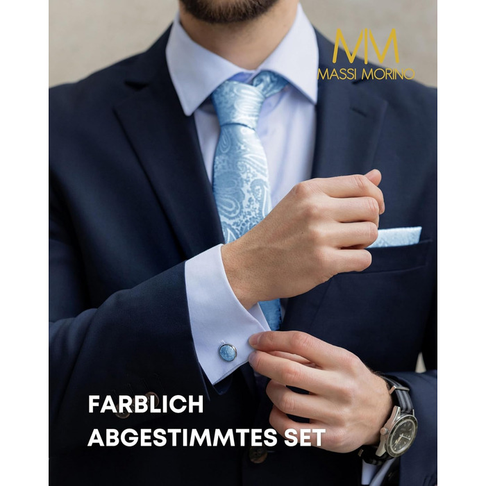 Комплект чоловічий Massi Morino: краватка, нагрудна хустка, запонки, зажим для краватки, подарункова коробка - блакитний Paisley, універсальний розмір. Для весілля.