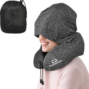 Подушка для шиї в літак з капюшоном, Memory Foam, регульована, для дорослих, авто, офіс (сіра)