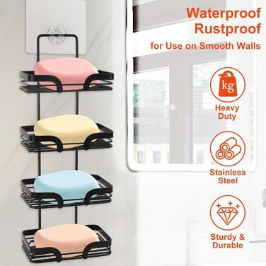 Tefola Soap Holder, 4-Tier Wall Mounted Soap Sponge Holder, Soap Dish for Shower with Two Single Hooks, Adhesive, Drill-Free Soap Holder, Stainless Steel Soap Holder (Black)