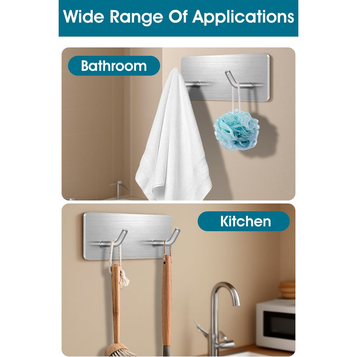 Самоклеючі гачки Haken - набір 6 шт. з нержавіючої сталі 304, без свердління, для ванної, кухні та вітальні