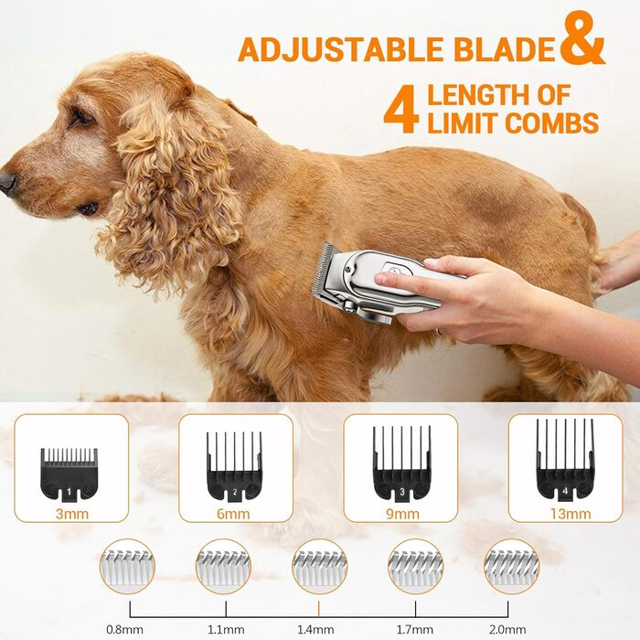 Машинка для стрижки собак і котів, професійна, з 4 насадками, потужний мотор, для тіла, обличчя, вух, лап (срібна)