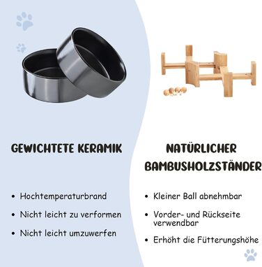 Керамічні годівниці для собак та котів SPUNKYJUNKY з дерев'яною підставкою (400 мл x 2, чорний)