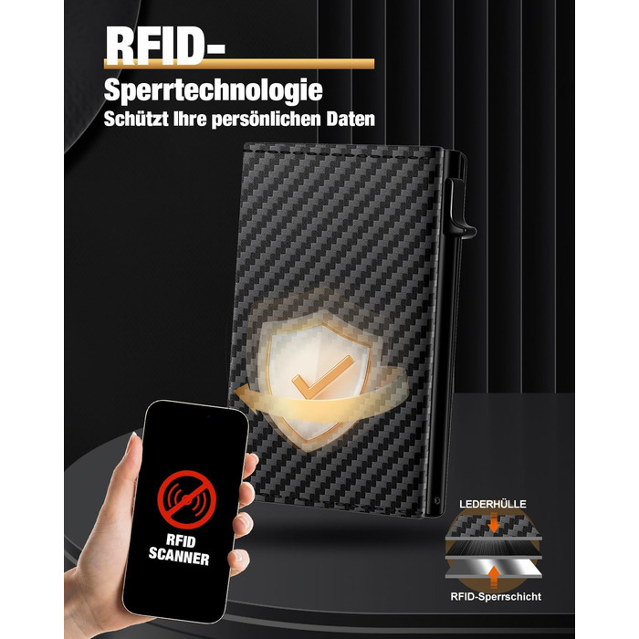 Чоловіче картхолдер/портмоне: тонкий дизайн, RFID захист, відділення для монет, віконце для ID, карбоновий чорний колір