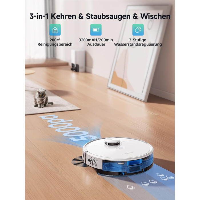 Робот-пилосос HONITURE Q6 SE з вологою тканиною, станція самостійного очищення, потужність 5000Pa, навігація LiDAR, мапірування, керування через додаток, сумісність з Alexa, для шерсті тварин та килимів, час роботи до 200 хвилин, білий