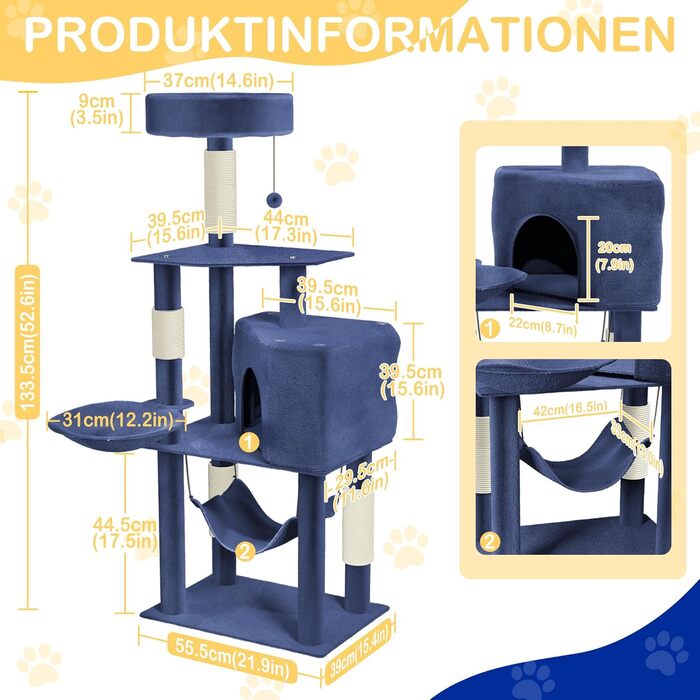 Кігтеточка для котів Blaugrau велика 133.5 см з платформами, гамаком та корзиною. Багатоповерхова кігтеточка-будиночок з ігровими можливостями