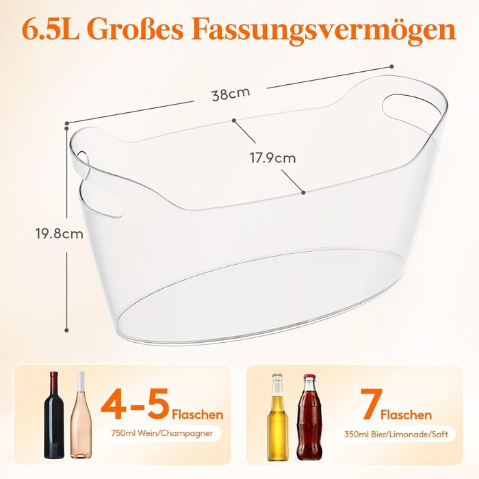 Охолоджувач для пляшок Lifewit 6,5L з лопаткою для льоду, пластиковий ведерко для шампанського (38 × 18 × 20cm), великий барний кулер з ручками для вина, пива, шампанського, напоїв, контейнер для фруктів та овочів