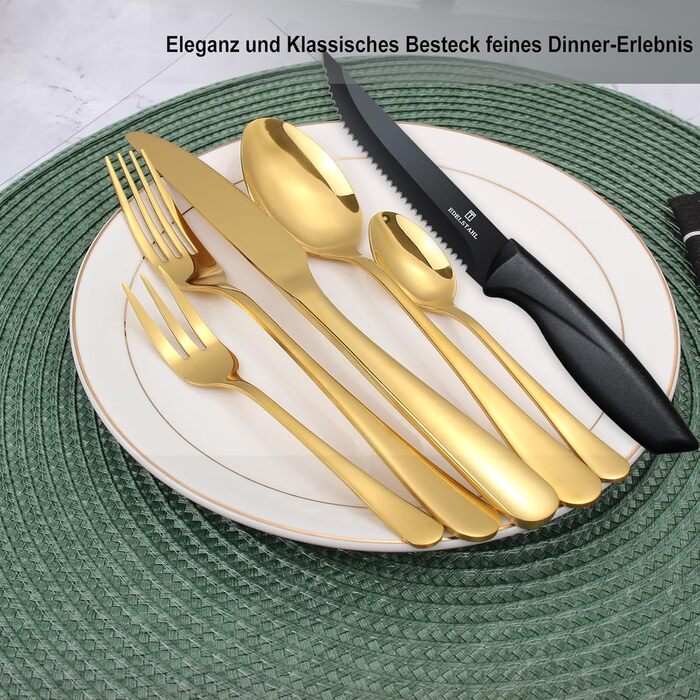 Набір столових приборів на 6 осіб, Targzier, 36 предметів, нержавіюча сталь, з ножем для стейку, високоякісний столовий прибор, ложки, виделки, ножі для сім'ї/вечірки/готелю, чорний, придатний для миття в посудомийній машині, 36 предметів, золотий прибор 