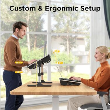 Тумбочка 2-в-1 для ліжка та дивану, регульована по висоті та нахилу, складана з подушкою, підставкою для зап'ястя, тримачем для планшета, захистом від защемлення та неслизькою шкіряною стільницею – ідеально для ліжка, дивану, крісла, чорна