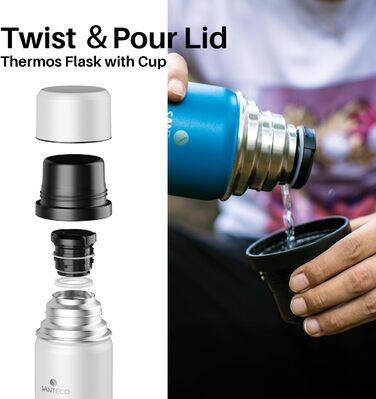 Термос-термокана з нержавіючої сталі SANTECO 1л, 500мл, не протікає, з кришкою-чашкою для подорожей. Термос для кави та чаю для дітей, спорту, без BPA, 24 години холод, 12 годин тепло (білий, 1000 мл)