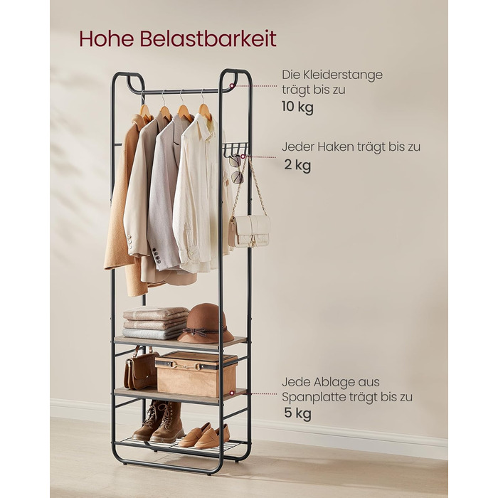 VASAGLE Coat Rack, Clothes Rack, with Shoe Storage, Shoe Shelf, for Entryway, Bedroom, 58 x 28 x 181 cm, Scandinavian, Matte White-Gold Oak HSR81WN (Ink Black + Camel Brown)