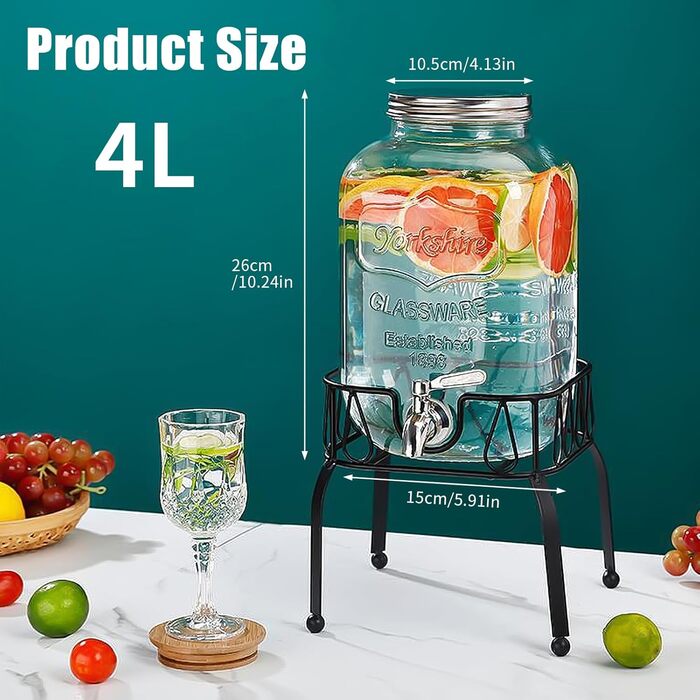 Keg-shaped drink dispenser, 3L/4L/5L glass water dispenser with stand, keg decanter with tap, alcohol dispenser ideal for wine, whisky, beer, juices, lemonade, gifts for friend, husband, father (4L)