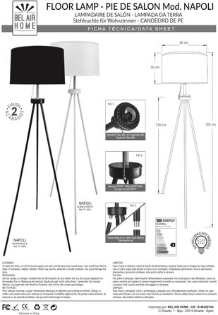 Стельова лампа Bel Air Home NAPOLI на штативі з 3 ніжками, чорна - 160 см, сучасний дизайн