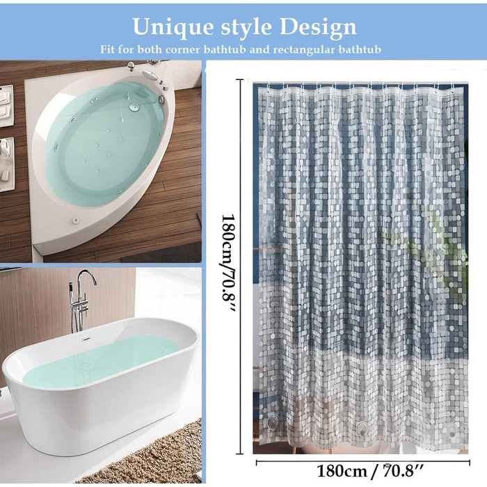 Шторка для душу LEMON CLOUD з антигрибковим покриттям, 183x183 см, водонепроникна, антибактеріальна, PEVA, з магнітною основою та 12 кільцями