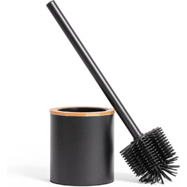 Торгова щітка для унітазу з тримачем з дерева | Силіконова щітка для унітазу з нержавіючої сталі | Тримач для щітки з натурального бамбука | Настільна щітка для ванної кімнати | Чорний колір
