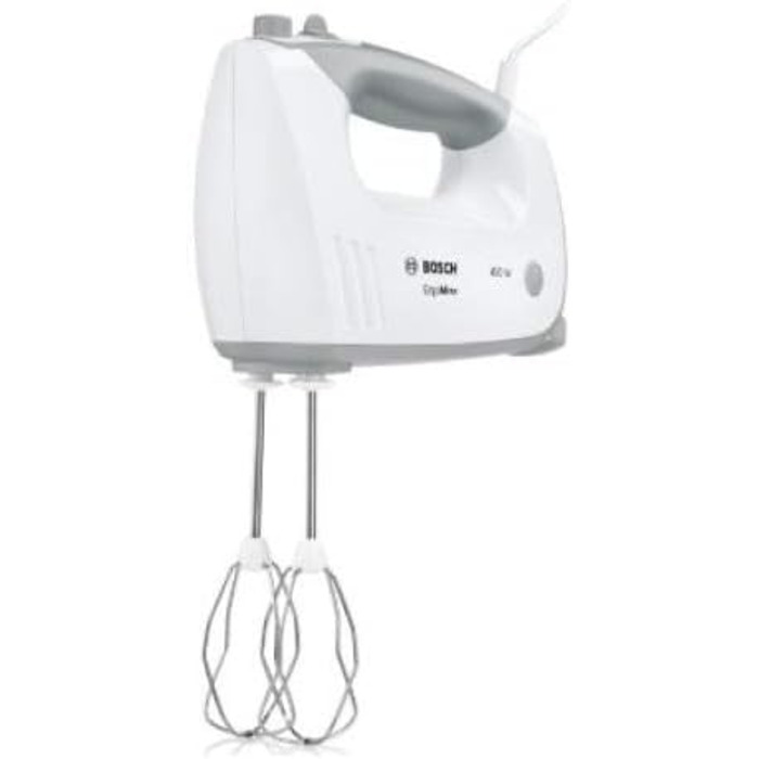 Bosch Hand Mixer ErgoMixx MFQ36470, 2 whisks, 2 stainless steel dough hooks, stainless steel mixing foot, mixing bowl, 5 speeds plus turbo setting, 450 W, white/gray