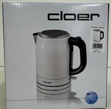 Електричний чайник Cloer 4511 з нержавіючої сталі, 2200 Вт, білий, 1 літр
