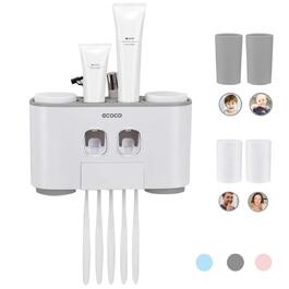 Автоматичний диспенсер зубної пасти та тримач для зубних щіток MHTECH (сірий) - комплект з 2 пресователями, 4 чашками та місцем для 5 щіток