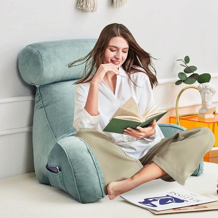 Велике спинне крісло з підлокітниками та підтримкою шиї. Крісло для читання, подушка підтримки, подушка для читання, подушка для відпочинку в ліжку. Багатофункціональна подушка, ідеально підходить для читання, роботи та ігор. 75x40x40 см (Водостійкий сині