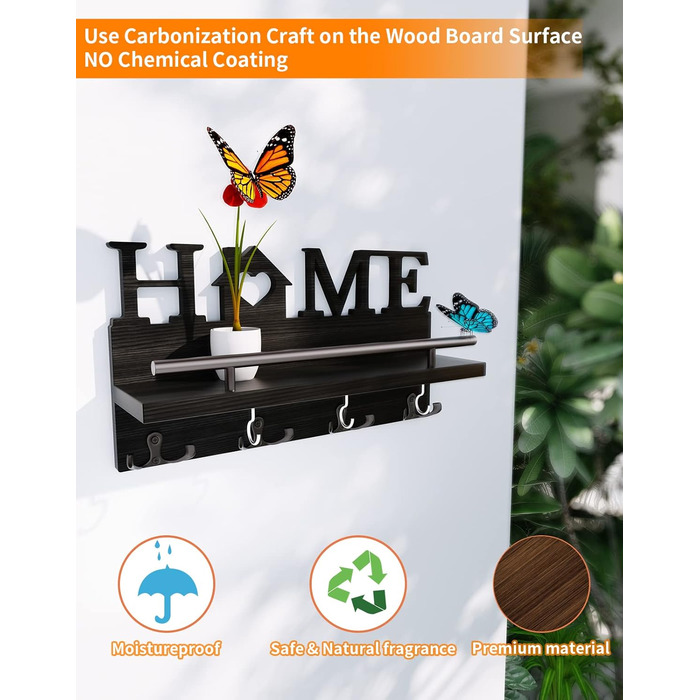 Дерев'яне ключниця-органайзер на стіну з полицею, 7 гачків, чорний, для дому
