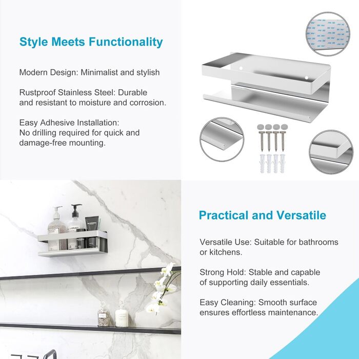 INTIRILIFE Self-Adhesive Shower Shelf in Silver - 23 x 10.5 x 8 cm - Shower Shelf No Drilling, Shampoo Holder Shower Basket Wall Mounting Bathroom Accessories Basket - Rustproof, Stainless Steel Shelf for Bathroom and Kitchen