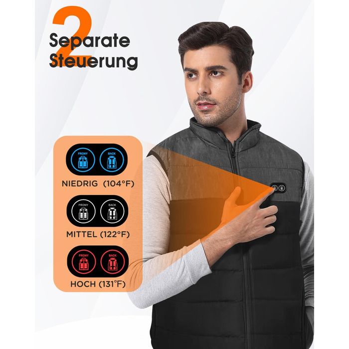 Електрична гріюча жилетка Buba Toys для чоловіків з Powerbank 20000mAh, 21 зона нагріву, 3 режими, для катання на лижах, піших прогулянок та активного відпочинку, XL, сіро-чорний колір