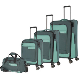 Travelite 4-Wheel Luggage Size L, Softshell made of recycled material, Luggage Series VIIA: Trolley with expandable gusset + edge protection, 77 cm, 91-103 liters (Luggage Set (L/M/S) + Travel Bag, Eucalyptus (Green))