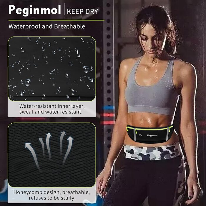 Пояс для телефону, бігова сумка, водонепроникний пояс для бігу, пояс на пояс для жінок та чоловіків з 3 кишенями, велика ємність, регульований біговий пояс (Чорний + Зелений)