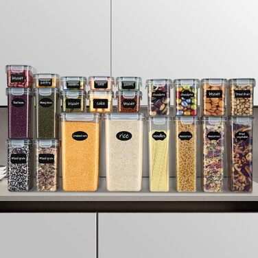 Набір контейнерів для зберігання продуктів 36 шт. з універсальною кришкою – 1 кришка для всіх 5 розмірів, герметичні та BPA-free, прозорі контейнери для їжі, з мірною ложкою та етикетками (2,4/2/1,4/0,8/0,5 л)