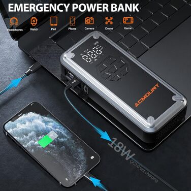 Портативний пусковий пристрій Starthilfe з компресором 150PSI, акумулятор 12V 6000A, для бензинових/дизельних авто, Powerbank з кабелями, LED-ліхтар, чорний