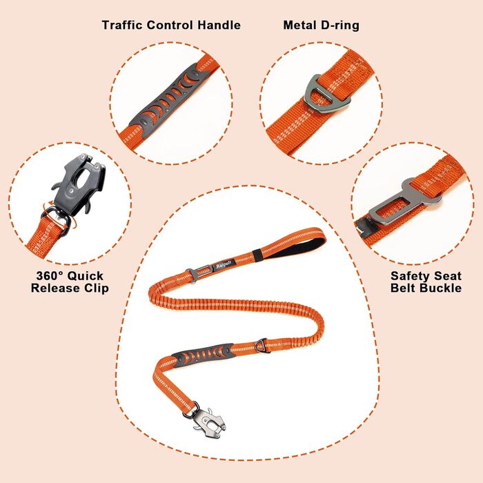 Міцна тактична повід для собак Raiput Bungee, 1.2-1.8 м, проти тяги, з карабіном, світловідбиваючі, амортизуючі, для середніх собак (Orange 2.0, Large)
