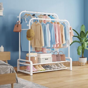 Freestanding clothes rack with double rod design, clothes hangers, 8 hooks, and 2 shoe shelves - Multifunctional wardrobe stand in white for the bedroom