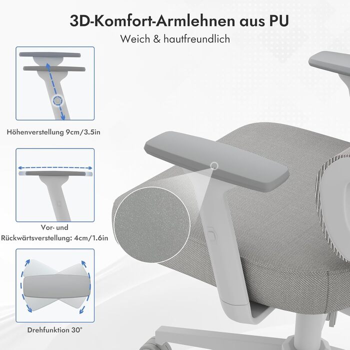 Ергономічне крісло для офісу та геймінгу з регульованою підголівником та 3D підлокітниками, підтримкою попереку, сіре